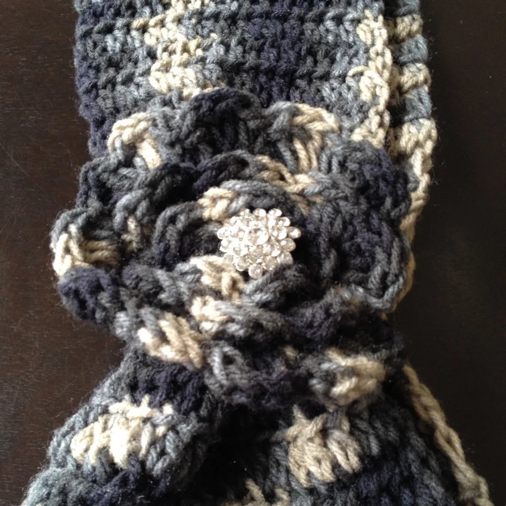 Hand Knit Blue Gray Cream Chunky Scarf Fringe Flower Detail